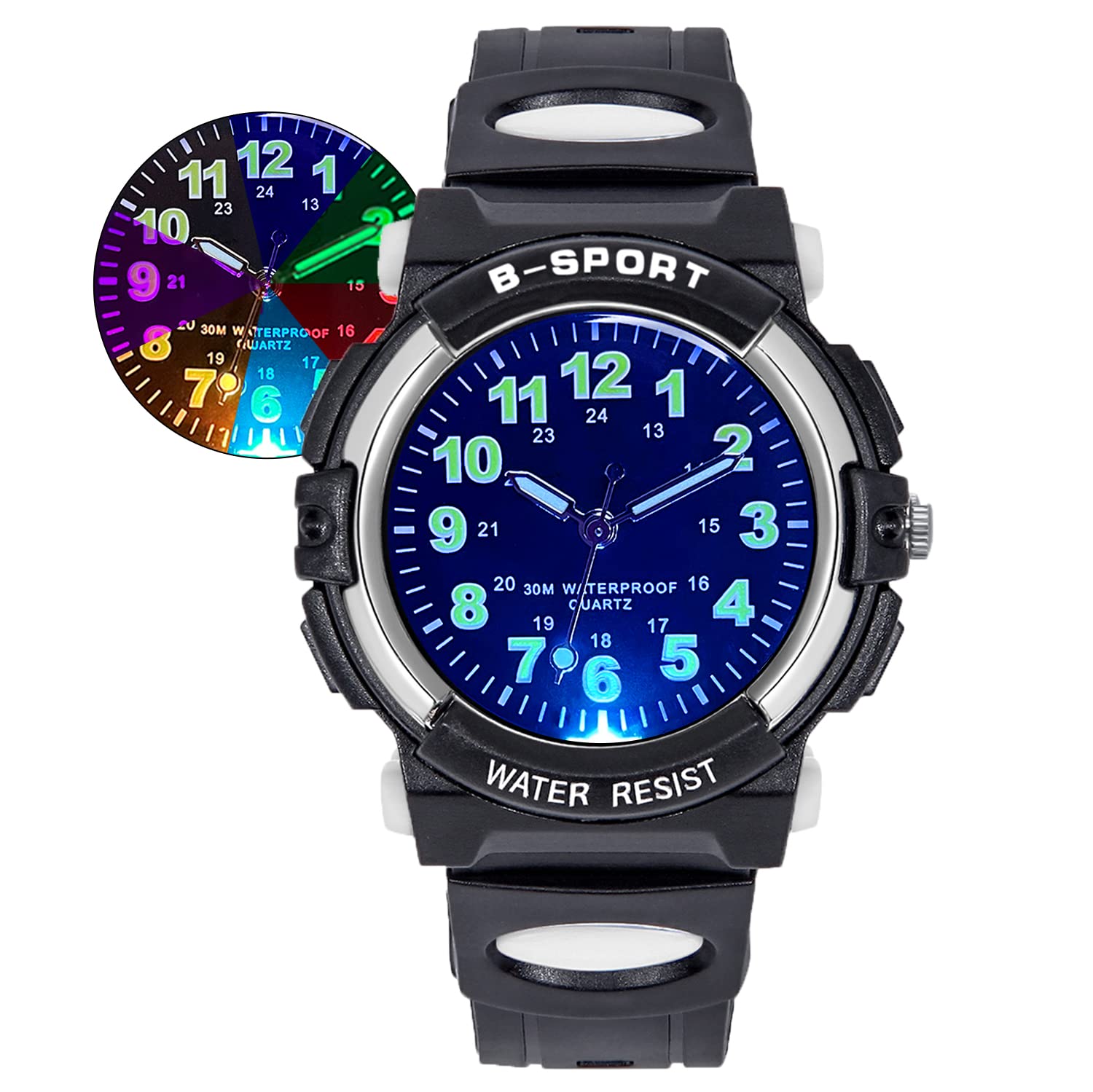 DTKID 7 Colorful Lights Children's Watch Boys Girls, Kids 30 M Waterproof Analog Watches Soft Rubber Band, Easy to Read Dial Time Lessons Wristwatch Children 5-18 Years Old