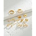 HANCAO 14K Gold Plated Sterling Silver Post | Dainty Earrings Set for Women: Stud Earrings, Drop Dangle Earrings, Ear Climber Jacket Earrings, Huggie Hoop Earrings for Multiple Piercings (3 Pairs Set)