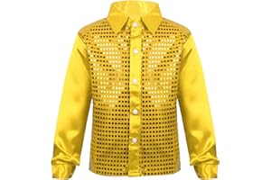 Yruioon Kids Boys Sparkle Sequins Long Sleeve Button Down Shirt Latin Jazz Dance Stage Performance Costume