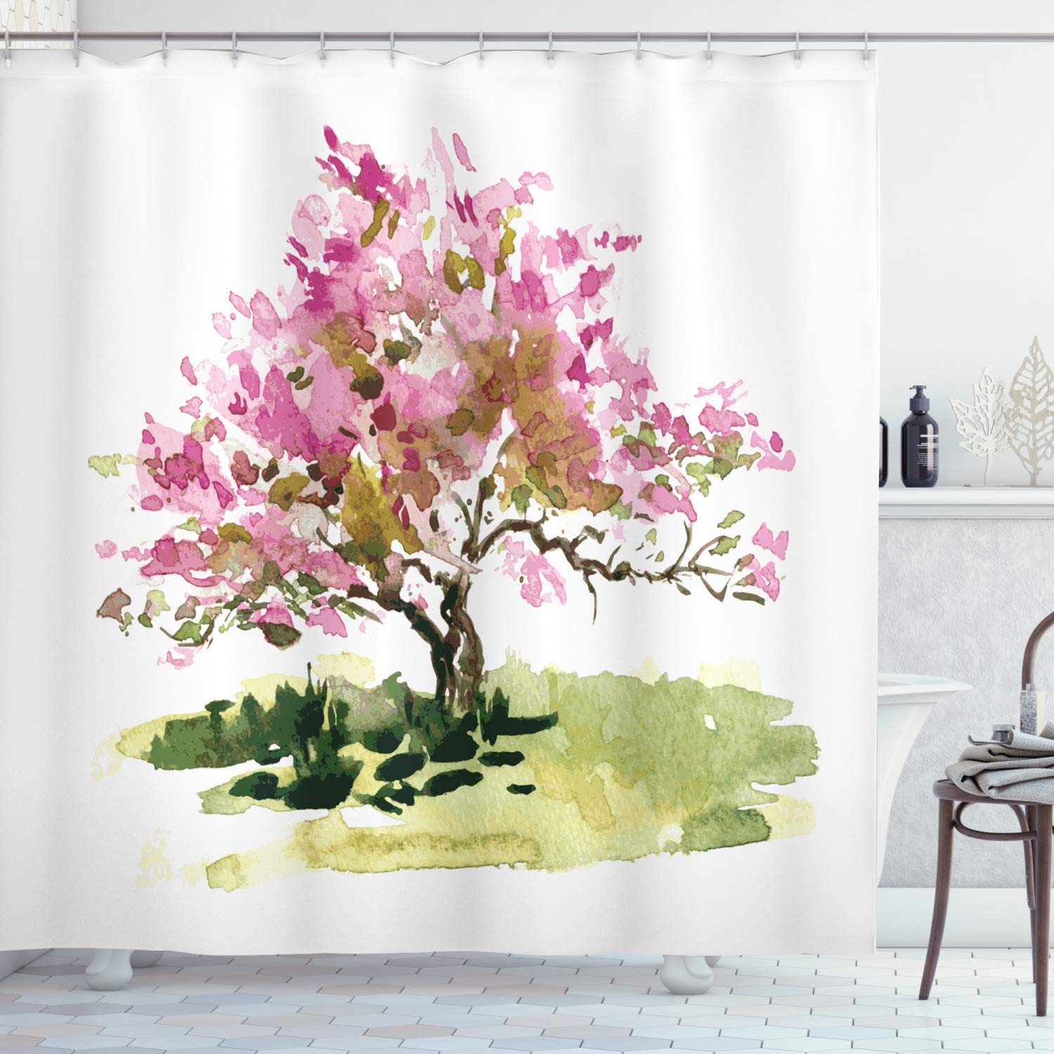 ABAKUHAUS Japanese Shower Curtain, Cherry Blossom Watercolor Sakura Leaves Sketch Foliage, Cloth Fabric Bathroom Decor Set with Hooks, 175 x 220 cm, Reseda Green Green