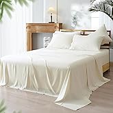 PHF Cooling Sheets Set King Size, Rayon Derived from Bamboo & Polyester, 6PCS Breathable & Wrinkle Free Silky Soft Bedding Sheets, Wider Elastic Band, 16" Deep Pocket Bedding Set & Pillowcase, Cream