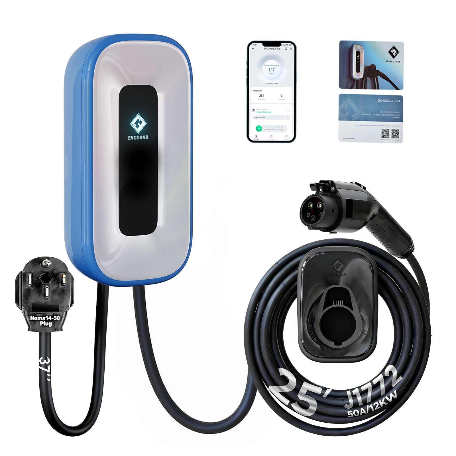 Photo 1 of EVCUBNB EV Charger Level 2?50 Amp/240V Charge Station, Indoor/Outdoor EVSE, 25Ft Cable Level 2 ev Charger, WiFi/APP/RFID/Bluetooth (NEMA14-50 Plug or Hardwired)