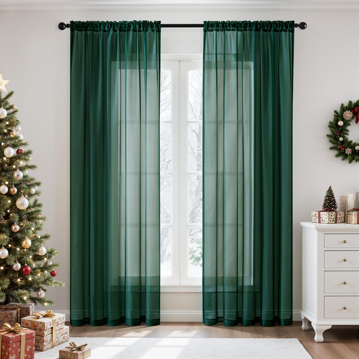 Photo 1 of MIULEE 2 Panels Christmas Solid Color Sheer Window Curtains Elegant Window Voile Panels/Drapes/Treatment for Bedroom Living Room (54X54 Inches Hunter Green)