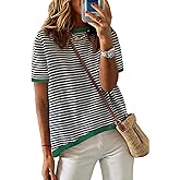 NARURAL Womens Sweaters Casual Crewneck Short Sleeve Striped Color Block Knitted Cotton Trendy Pullover Sweater Tops