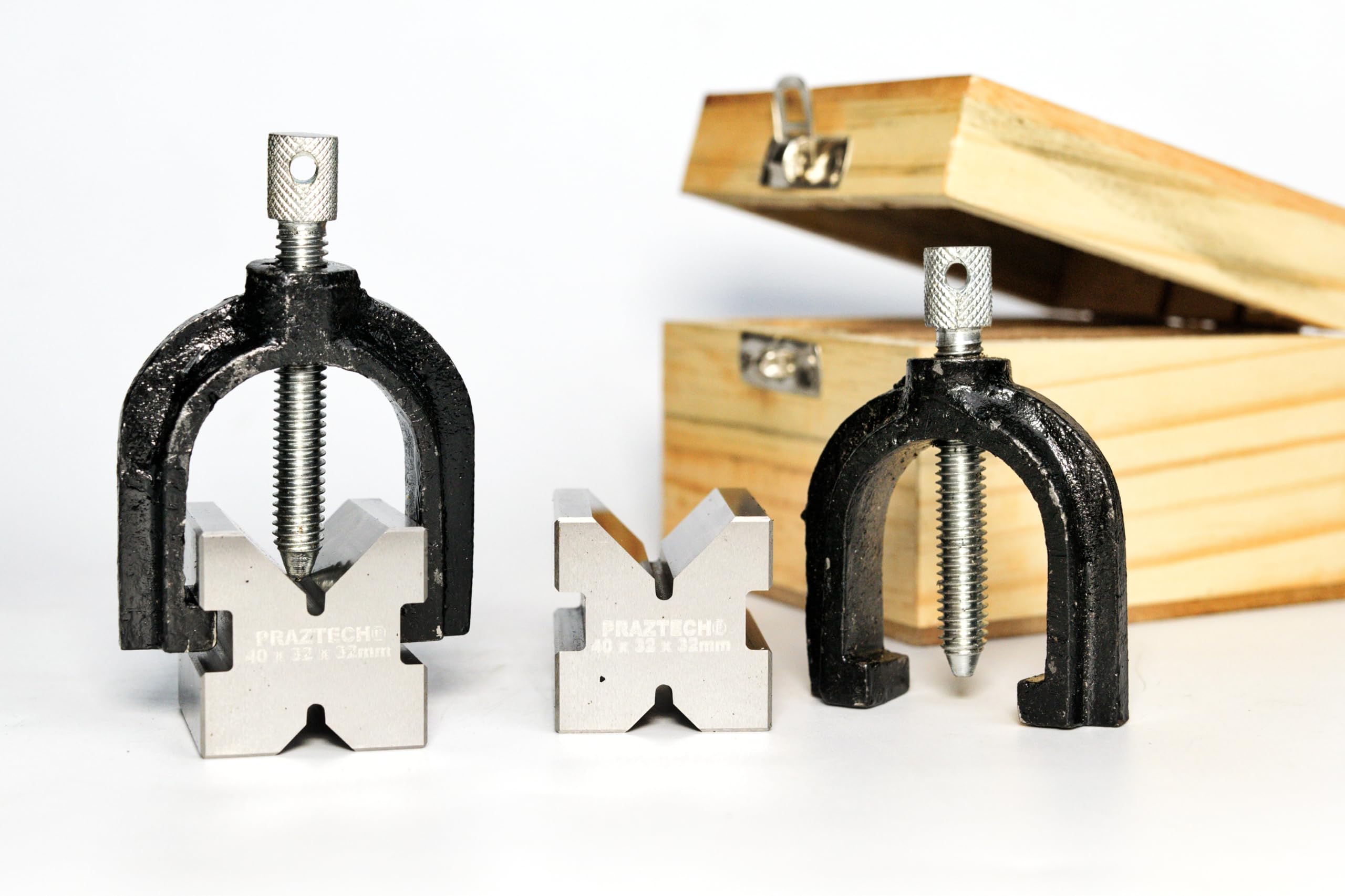 PRAZTECH® Precision Engineers VEE Blocks CLAMP Set - V Block Matched Pair, 40mm x 32mm x 32mm, Clamping Capacity: 1" (25mm) in Wooden Box