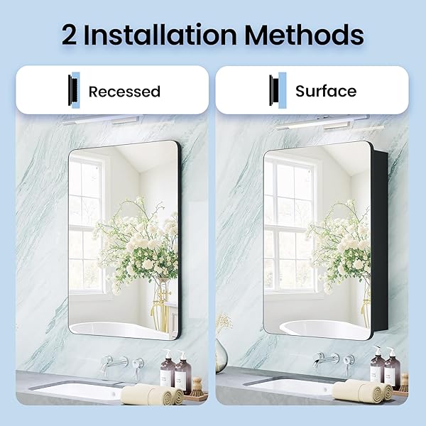 MEMOCASTLE BLACK MEDICINE CABINET WITH MIRROR 16X20 INCH, SMALL BATHROOM WALL CABINET WITH STORAGE, MODERN MATTE FINISH, 6 ADJUSTABLE GLASS SHELVES, SILENT SOFT CLOSE, RUST PROOF ALUMINUM ORGANIZER