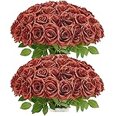 IUKnot 50pcs Burnt Orange Roses Artificial Flowers Bulk,Fake Roses Silk Flower with Stems Realistic Flowers for Wedding Centerpiece Home Party Decor