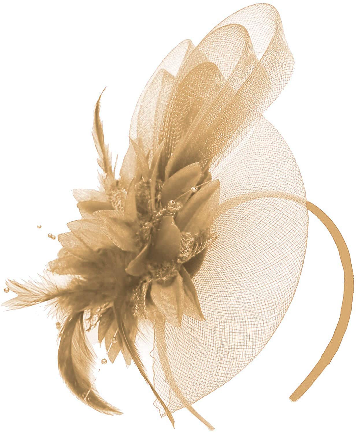 Caprilite Beige Champagne Gold Fascinator Headband Flower Wedding Ascot Races Net Hat Feathers