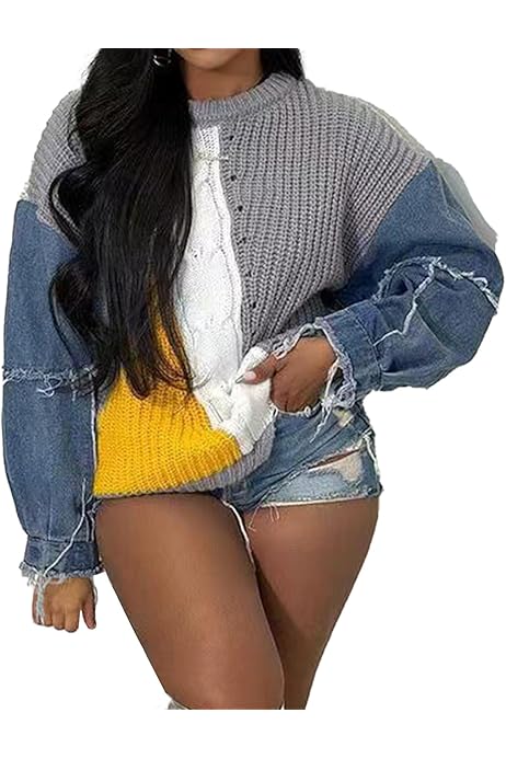 Melliflo Womens Patchwork Denim Long Sleeve Crewneck Slouchy  
