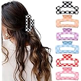 papasgix 6 PCS Checkered Hair Claw Clips, 3.94" Multicolored Large Square Hair Clips, Non-Slip Claw Clips for Thick Hair Rectangle Hair Styling Accessories with Strong Hold