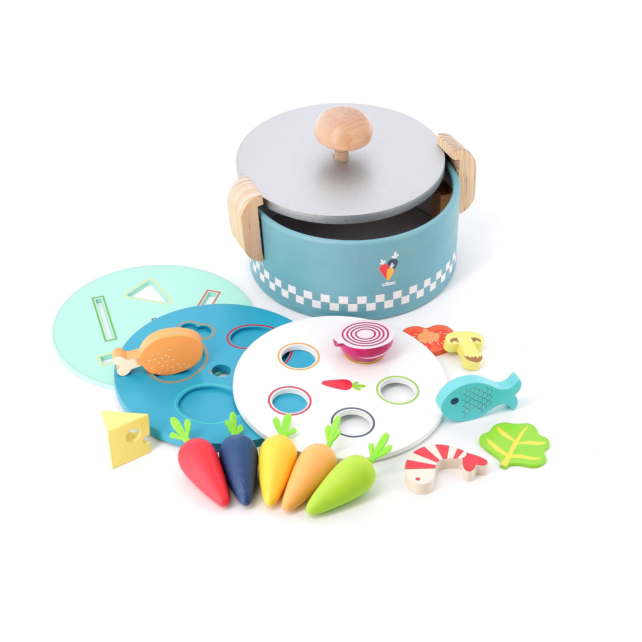Vilac Wooden Early Learning Cooking Pot, 13 Food Items and 3 Activity Platforms in 1 Cooking Pot with 1 Lid, Pretend Play Kitchen, 18 Months+, 22 x 19 x 14 cm