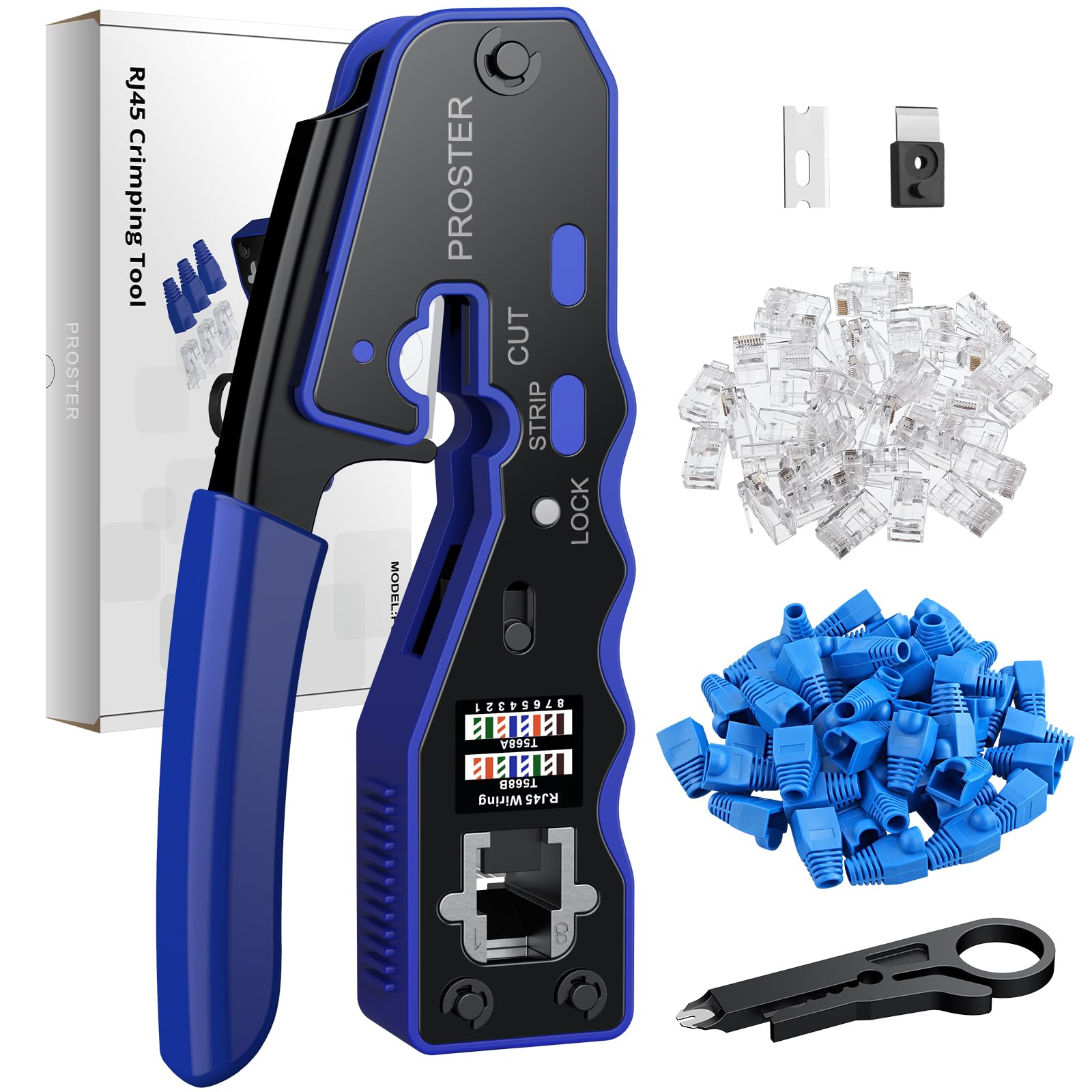 Proster RJ45 Crimp Tool Set - 3-in-1 RJ45 Crimping Tool Kit with 50 PCS CAT6 Pass Through Connectors 50 PCS RJ45 Cat6 Protection Covers RJ45 Pass Through Crimp Tool