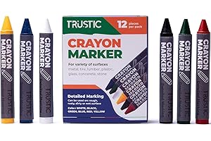 Trustic - Universal Wax Crayon Marker - Industrial & Craft Marking Crayons for Wood, Metal, Concrete, Glass, Plastic, Rubber & Tires - Multi-Surface Bold Marks, 4" x 1/2", Pack of 12 (Multicolor)