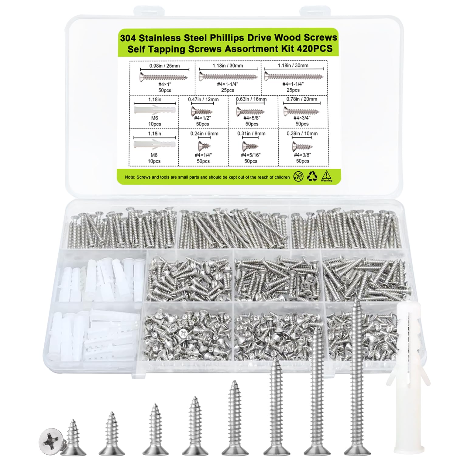 Photo 1 of #4 Flat Head Small Wood Screws Assortment kit, 420Pcs, Phillips Short Screw, 304 Stainless Steel, Cabinet Hinge Mounting, Electronics DIY Micro Screws Fasteners Set, Contains 20pcs M6 Screw Anchors