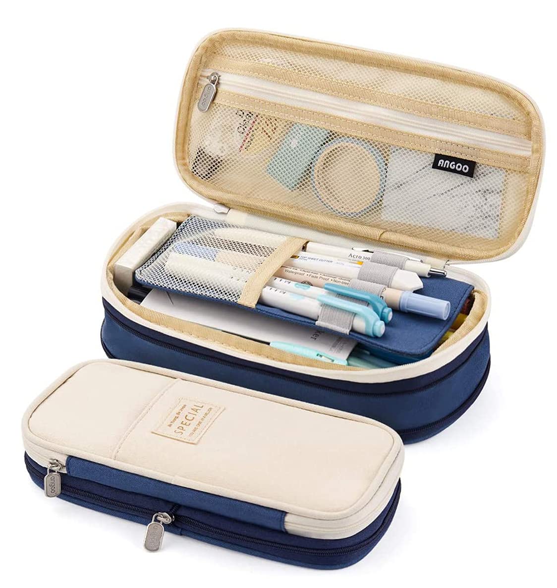 Large Capacity Pencil Case Durable School Student Pen Holder Organizer Stationery Makeup Cosmetic Pouch for KIDS, 22x11cm (Upgraded Version-Blue)