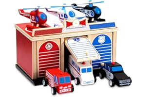 TOY TO ENJOY Rescue Station Kids Playset - 2-Level, 3-Bay Parking Garage Toy Set with Fire Truck, Ambulance, Police Car, and 3 Rescue Helicopters - Wooden Toy Rescue Vehicles for Kids Ages 3 and Up