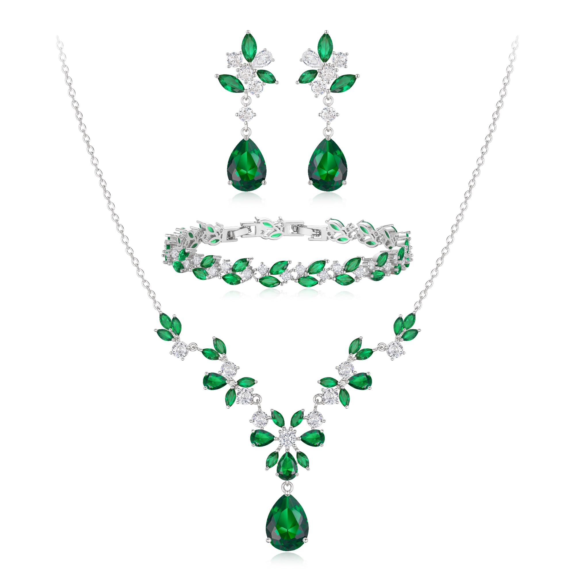 Clearine Wedding Cubic Zirconia Jewellery Set for Brides Bridesmaids, Teardrop Pendant Necklace Tennis Bracelet Chandelier Leaf Dangle Earrings for Women Emerald Silver-Tone