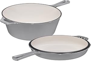 Bruntmor 2 in 1 Enameled cast iron pot with lid, 5QT Cast Iron Dutch Oven & Skillet Combo, Enameled Cast Iron Cookware with Lid, Perfect for Braising, Casseroles and Slow Cooking - Grey
