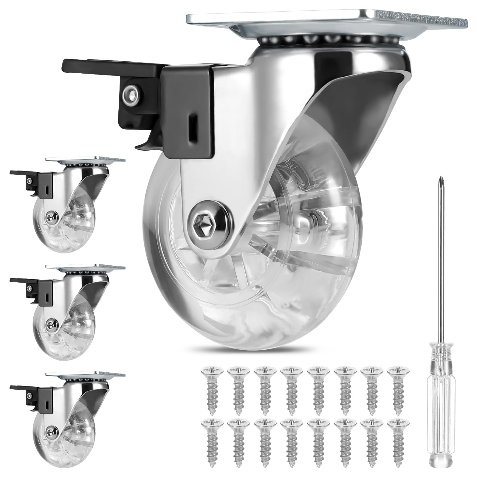 JIZZU Heavy Duty Castor Wheels with Brake, 50mm Castors Set of 4 with Total Capacity 160KG, 360 Degree Plate Caster Wheels for Furniture, No Noise, PU Swivel Trolley Wheel, Equipped with Screwdriver