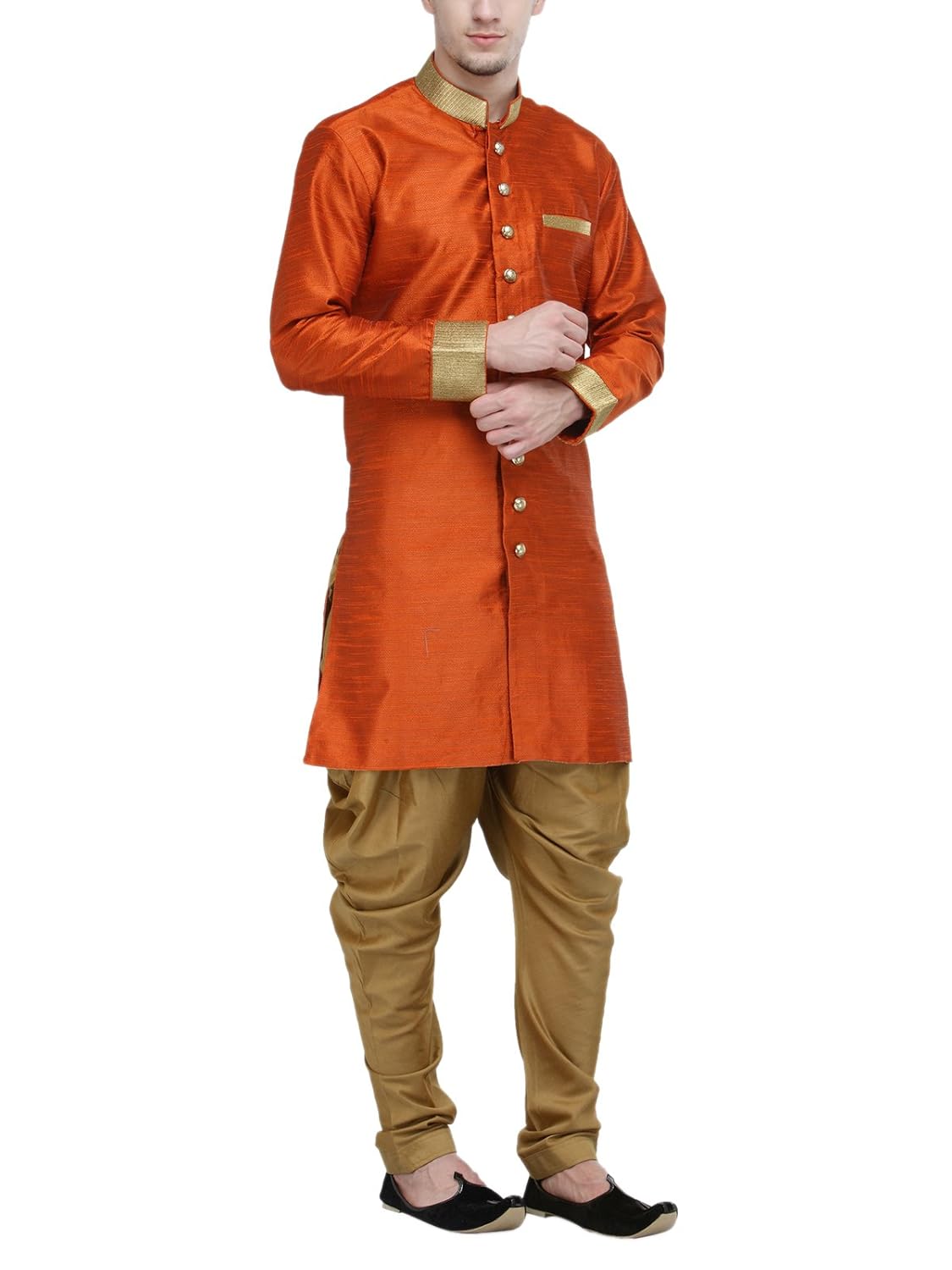 rg designers orange and gold plain sherwani for men