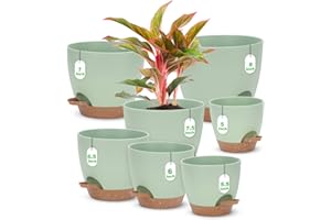 Self Watering Planter Set, 7Pack Medium Plastic Pot with Mesh Drainage Holes and Removable Reservoir Saucers, Modern 8+7.5+7+