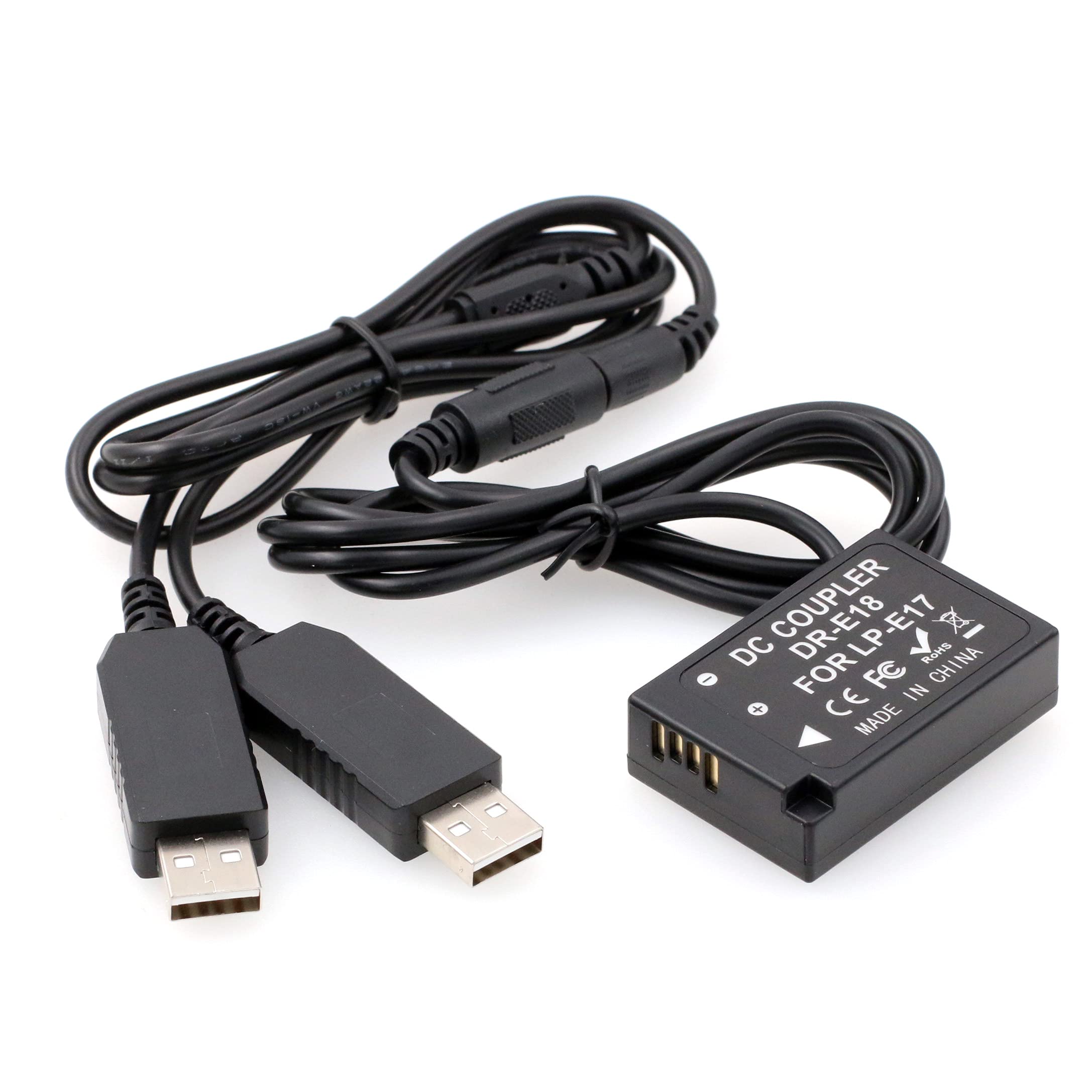 Dual USB to DR-E18 Connector LP-E17 Dummy Battery DC Coupler for Canon EOS T6s T6i T7i 8000D X8i SL2 Camera 5V 2A (Dual USB)