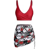 Rosegal Plus Size Women 3 Piece Tankini Swimsuit Gothic Skull Rose Spider Web Print Twist Bathing Suit