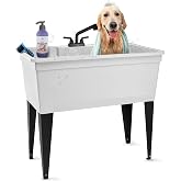 Tehila Freestanding Double-Wide Utility Sink with Steel Legs &amp; Black Pull-Out Faucet, Multi-Purpose Heavy-Duty Laundry Tub and Kitchen Sink for Homes &amp; Business, White