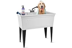 JS JACKSON SUPPLIES Tehila Freestanding Double-Wide Utility Sink with Steel Legs & Black Pull-Out Faucet, Multi-Purpose Heavy-Duty Laundry Tub and Kitchen Sink for Homes & Business, White