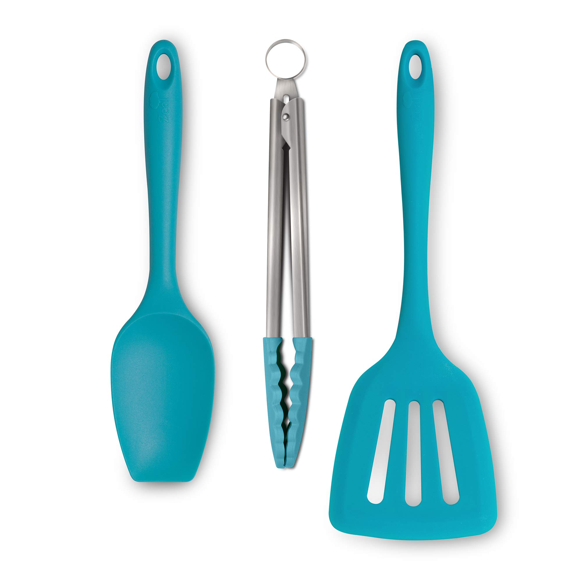 Zeal JSET27A Non-Stick Silicone Spatula Spoon, Cooking Tongs & Turner 3-Piece Set-Aqua