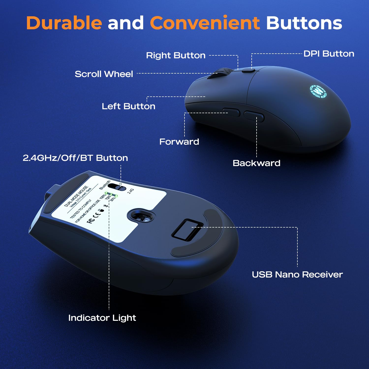 Wireless Gaming Mouse, 2.4GHz & Bluetooth 5.3 Dual Mode, 60Hrs Battery, Ergonomic Lightweight Design, 6 Adjustable DPI (800-6400), 7 RGB Lights, Rechargeable Mice Compatible with PC/Mac/Laptop