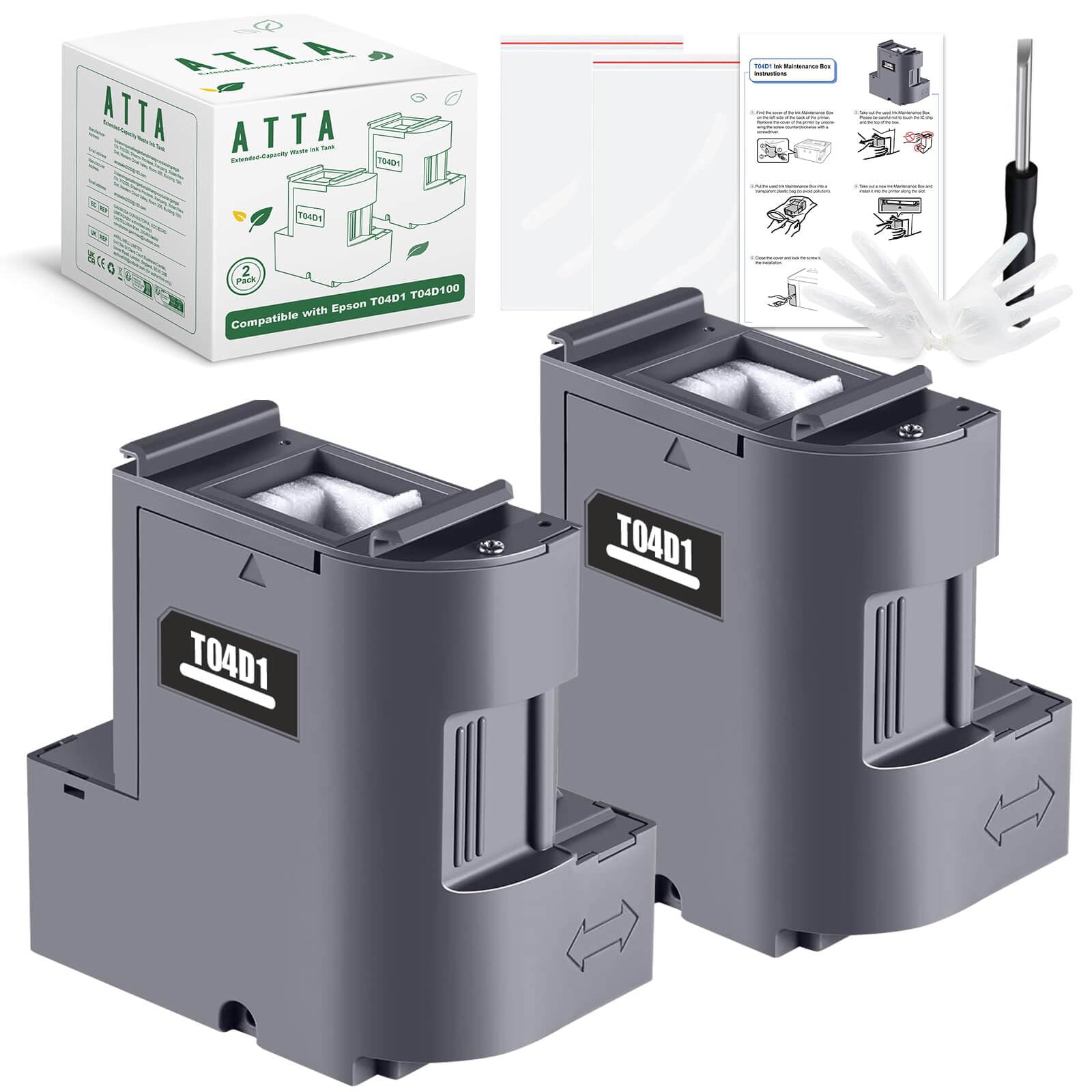 ATTA T04D1 Ink Maintenance Box Replacement for Epson ET-15000 ET-3750 ET-4750 ET-3850 ET-2760 ET-3760 ET-4760 ET-3700 ET-5150 Workforce WF-2860 (C13T04D100 / EWMB2/ E-04D1 Waste Ink Pad, 2- Pack)