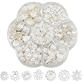 PONABEADIY 7 Styles 800PCS Silver Flower Bead Caps with Hole Iron Assorted Hollow Multi Petal Metal Finding Ends Filigree Loose Spacer Beads Cap for Jewelry Making Bracelets Necklaces Diy Craft Supply