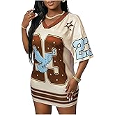 BEAUDRM Women's Plus Size Jersey Shirt Number Graphic V Neck Half Sleeve Oversized Tee Shirt Streetwear