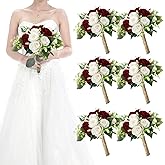 HOMENERGY Set of 6 Bridesmaid Bouquets for Wedding - 7 Inch Artificial Bridesmaid Flower Bouquet for Party Ceremony Anniversary Dinning Table Centerpieces Decor - Burgundy & White