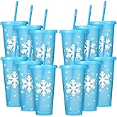 Qinyoung 12 Pack Christmas Reusable Cups with Lids and Straws 24 oz Winter Snowflake Plastic Tumblers Bulk Water Bottles Plastic Cups for Coffee Drinks Beer Juice Christmas Party Favors Supplies