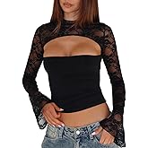 Women Y2K Sexy Outfit for Going Out Sheer Mesh Lace Shrug and Strapless Crop Top