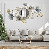 Metal Wall Mirrors Decor, Large Ginkgo Leaf Wall-Mounted Mirrors, Big Wall Decor Mirror, 3D Creative Modern Hanging Wall Mirrors Decorative, for Living Room Bedroom Entryway Bathroom (62.2X35.4In)