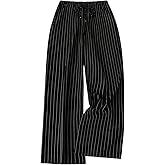 WDIRARA Women's Plus Size Striped Drawstring Waist Pants Loose Wide Leg Trousers with Pockets