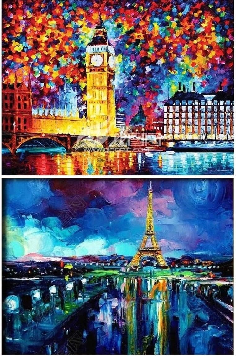 2 Packs DIY 5D Diamond Painting Set, Full Drill Diamond Embroidery Dotz Kit Home Wall Decor - 12 x 16" (London and Paris)