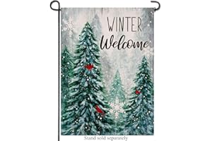 Artofy Winter Welcome Decorative Garden Flag Pine Trees, Snowy Forest Red Cardinal Birds House Yard Lawn Outdoor Burlap Flag, Farmhouse Outside Decoration Snowflakes Home Decor Double Sided 12 x 18