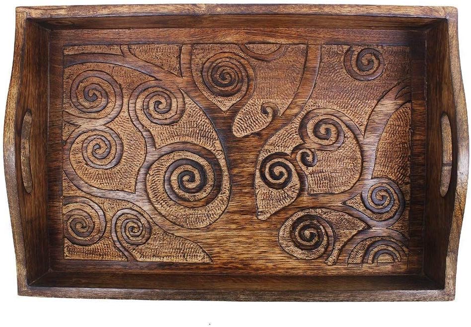 Ajuny Indian Handcrafted Rectangular Mango Wooden Decorative Serving Tray Platters with Handle Hand Carved Tree of Life Design - Image 4