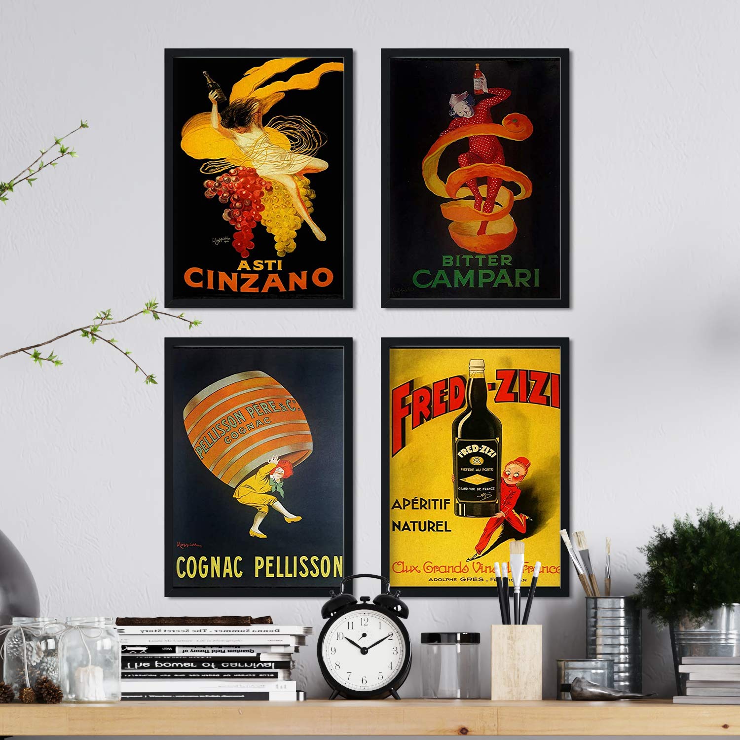 Nacnic Posters vintage. Old posters with ads. Four vintage liquor posters. Campari, Cinzano, Cognac. A4 size