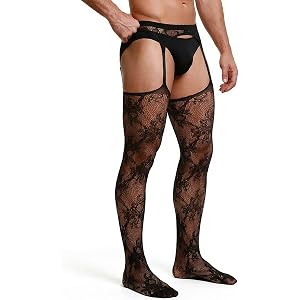 ohyeahlady Men's Fishnet Suspender Pantyhose Floral Lace Sissy Hosiery | Thigh High Suspender Stockings, Stretch Fit, Wide Wa