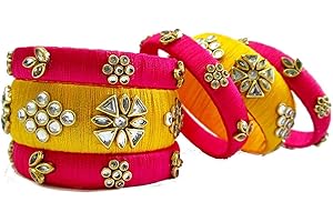 GOELX Silk Thread Bangles Designer Beautiiful Kundan Bangle Set - Rani Pink and Yellow