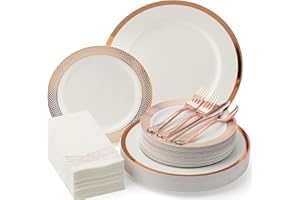 By Madee HEAVYWEIGHT 175 Pcs Rose Gold Dinnerware Set 25 for 25 Guests | Rose Gold Plates and Napkins Party Supplies | Elegant Plastic Plates | Fancy Disposable Dinnerware Set