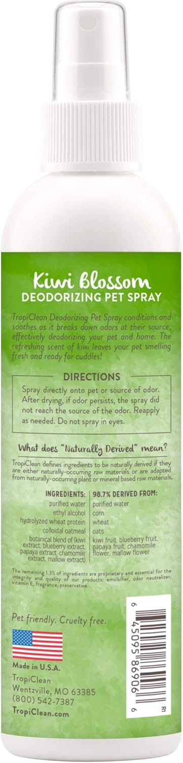 TropiClean Kiwi Blossom Deodorizing Spray for Pets, 8oz - Made in USA - Helps Break Down Odors to Effectively Deodorize Dogs and Cats, Paraben Free, Dye Free