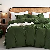 Wake In Cloud - Cotton Duvet Cover Set, Queen Size, Olive Green, 100% Washed Cotton, Linen Like Textured, Breathable Percale Durable Comfy Farmhouse Neutral Bedding Set, 3 Pieces