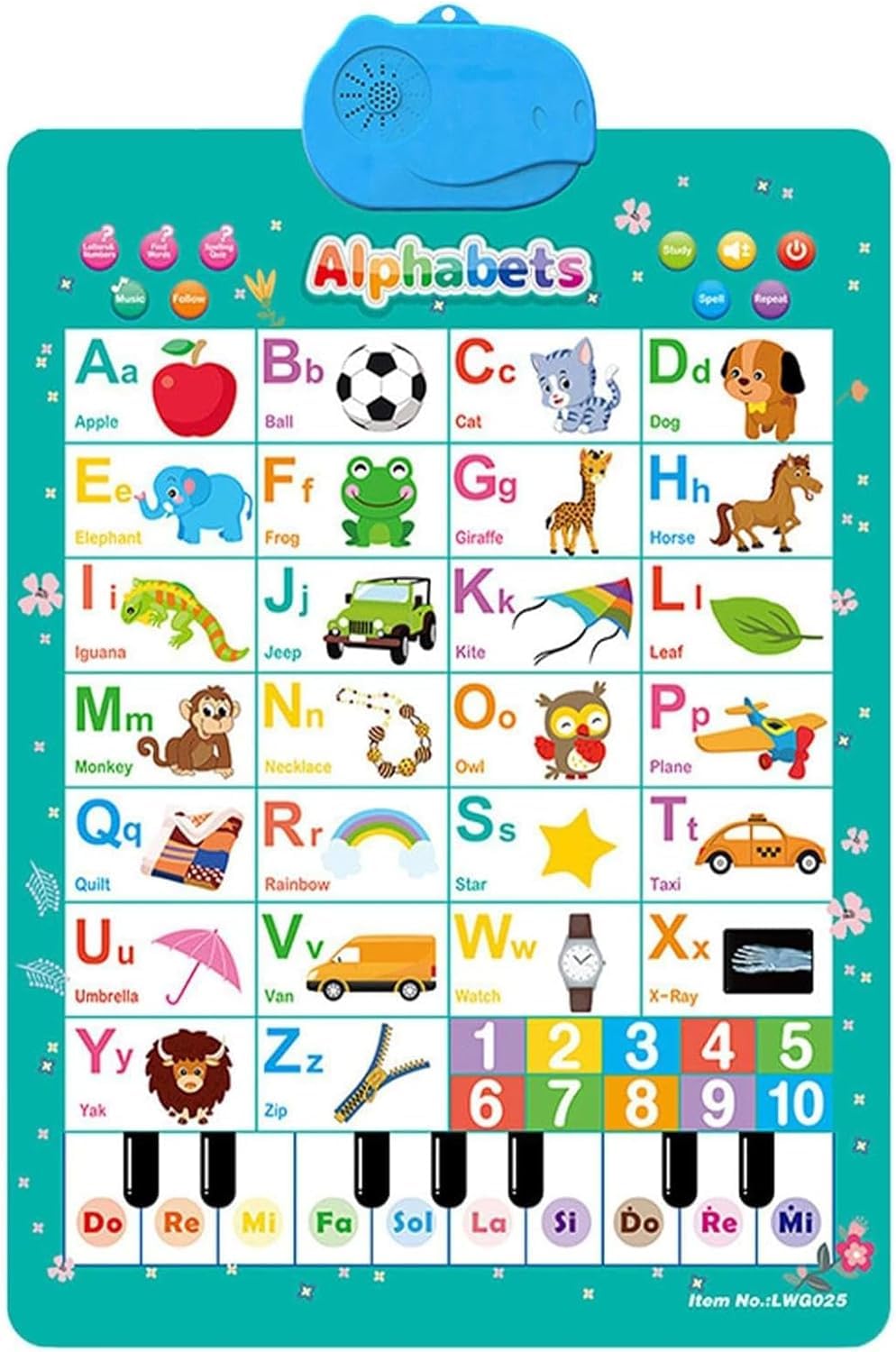 Electronic Alphabet Wall Chart, Interactive Alphabet Poster, Talking ABC & 123s & Piano Tone & Music Poster, Learning Toy at Preschool, Educational Toys for 1-6 Year Boys Girls