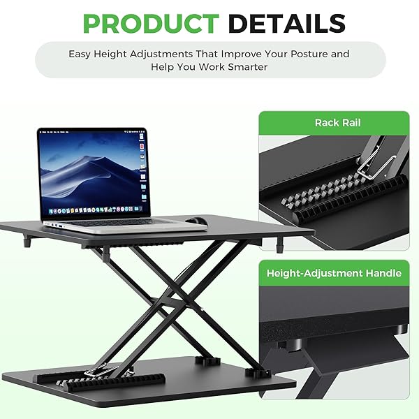 PBUGAC STANDING DESK CONVERTER ADJUSTABLE HEIGHT, 25.16″ × 15.75″ HEIGHT ADJUSTABLE DESKTOP RISER, NO ASSEMBLY REQUIRED, DESKTOP WORKSTATION FOR LAPTOP, MONITOR AND OFFICE USE (BLACK)